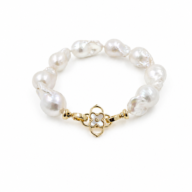 Fresh Water Pearl Baroque 12-12.5mm With Clover Hook Alloy Bracelet