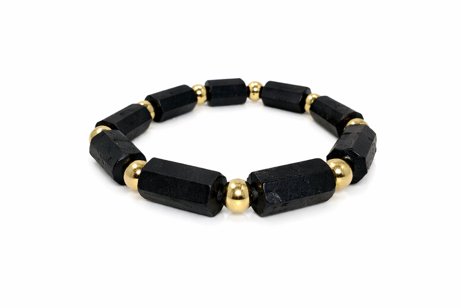 Raw black tourmaline with stainless steel ball bracelet tourmaline-8.5x14.5cm Diameter-15cm