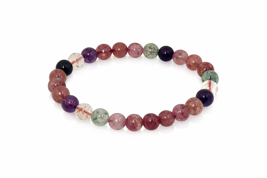 Strawberry quartz ,amethyst , green phantom and citrine 8- 8.5mm bracelet  Diameter -16cm