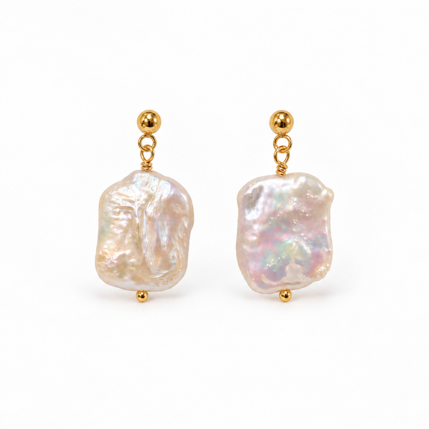 Fresh Water Flat Keshi Pearl Alloy Dot Earring