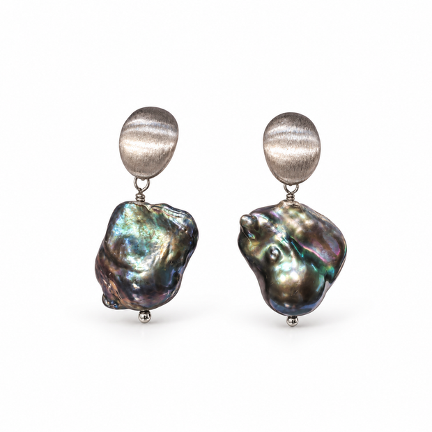 Fresh Water Pearl Baroque Dyed Enhanced Black Alloy Matt Earring