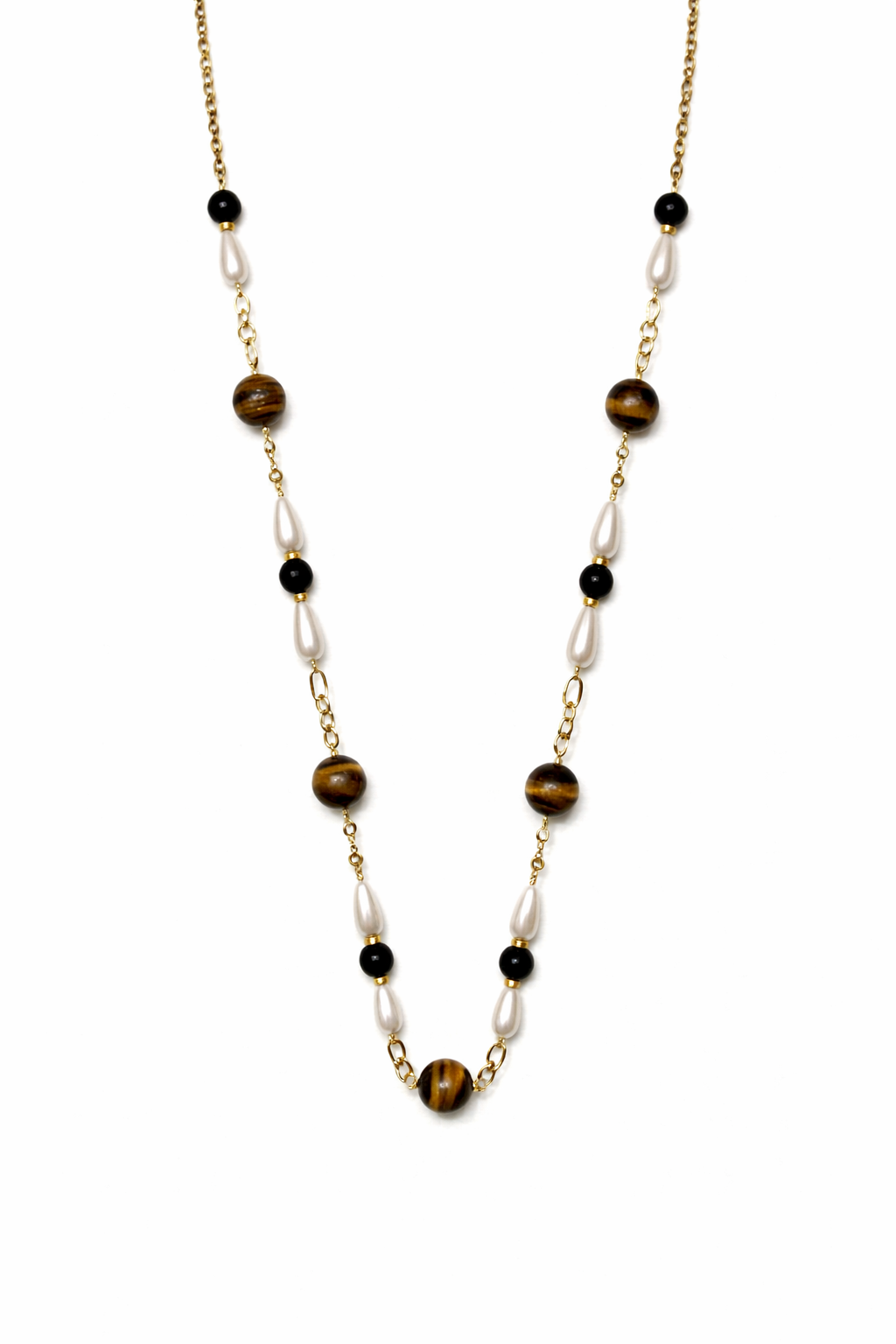 Tiger Eye Black Agate And Shell Pearl Stainless Steel Links Necklace