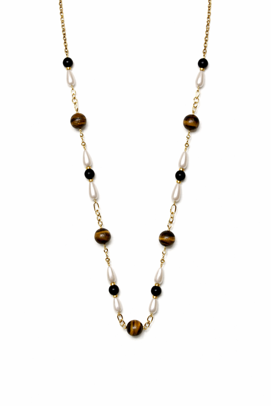 Tiger Eye Black Agate And Shell Pearl Stainless Steel Links Necklace