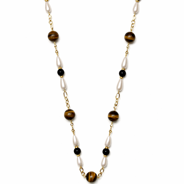 Tiger Eye Black Agate And Shell Pearl Stainless Steel Links Necklace