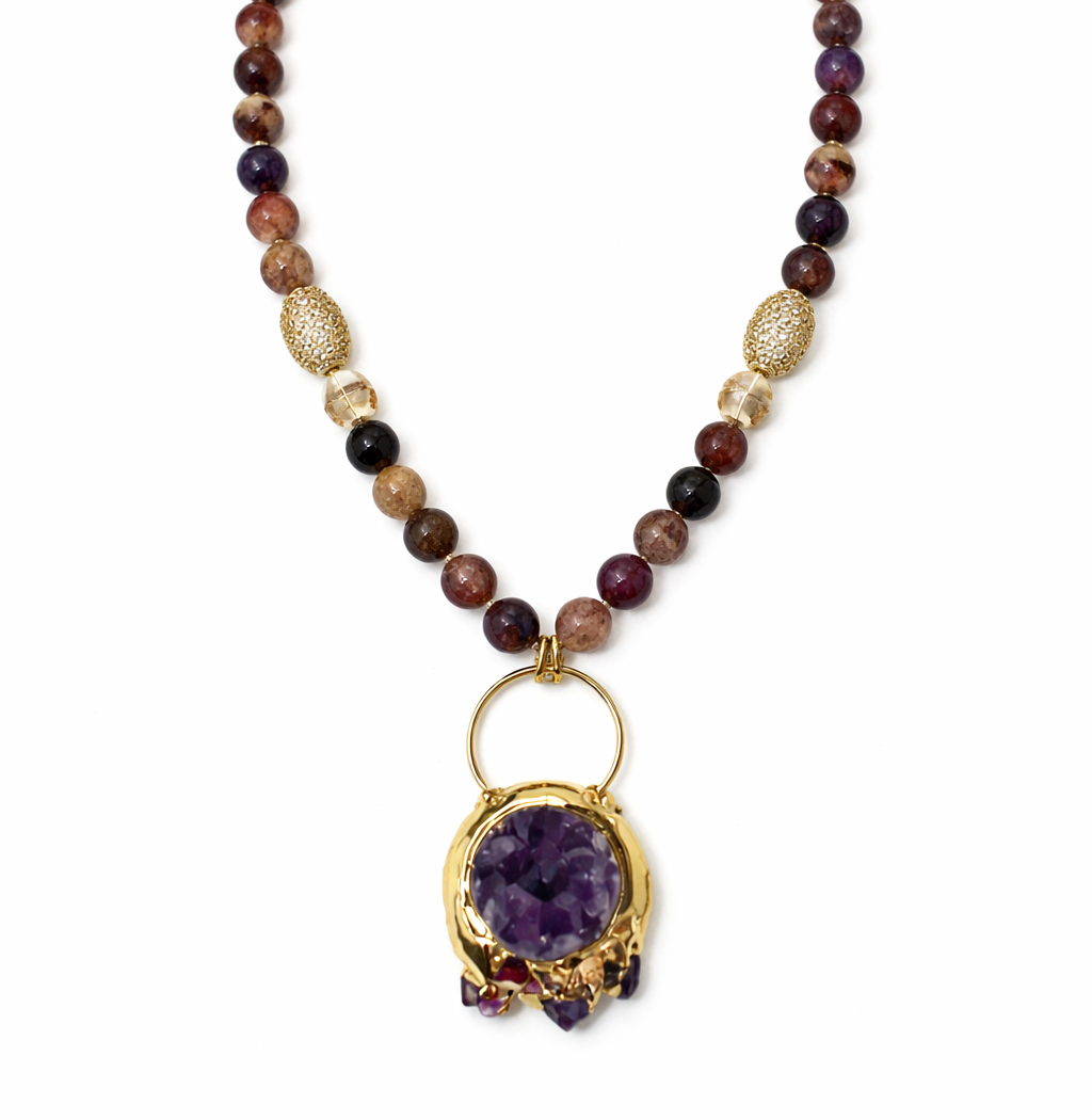 Auralite 23 Stone Strand With Raw Amethyst Alloy Pendant Necklace