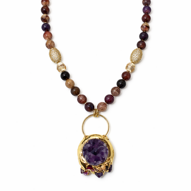 Auralite 23 Stone Strand With Raw Amethyst Alloy Pendant Necklace