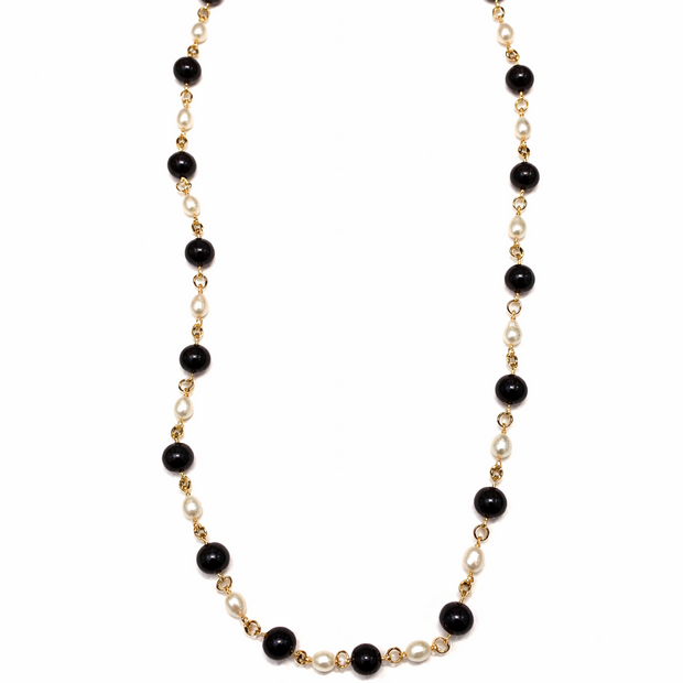 Fresh Water Pearl Baroque With Black Tourmaline Stainless Steel Links Necklace