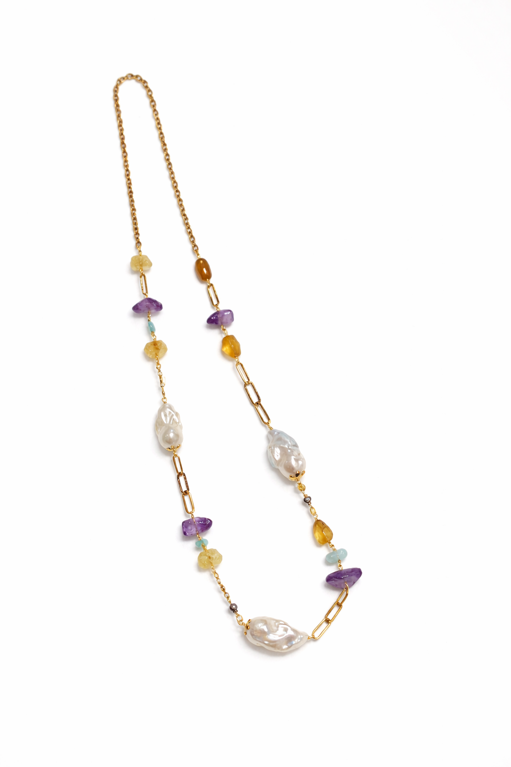Baroque Pearl With Amethyst Citrine Aquamarine Stainless Steel Links Necklace