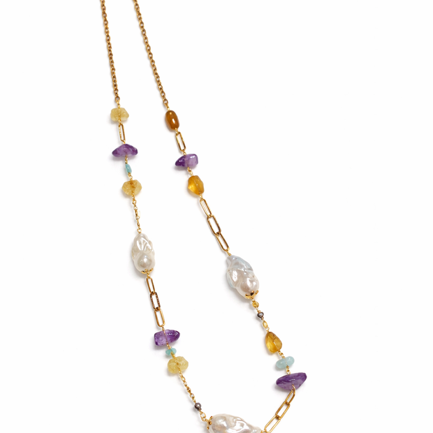 Baroque Pearl With Amethyst Citrine Aquamarine Stainless Steel Links Necklace