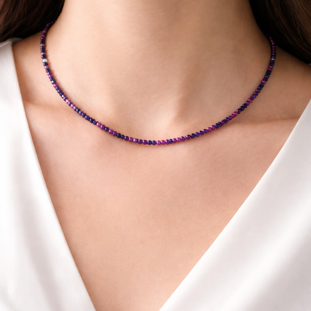 Mix Ruby Sapphire Beads Strand  2-2.5mm Stainless Steel Necklace