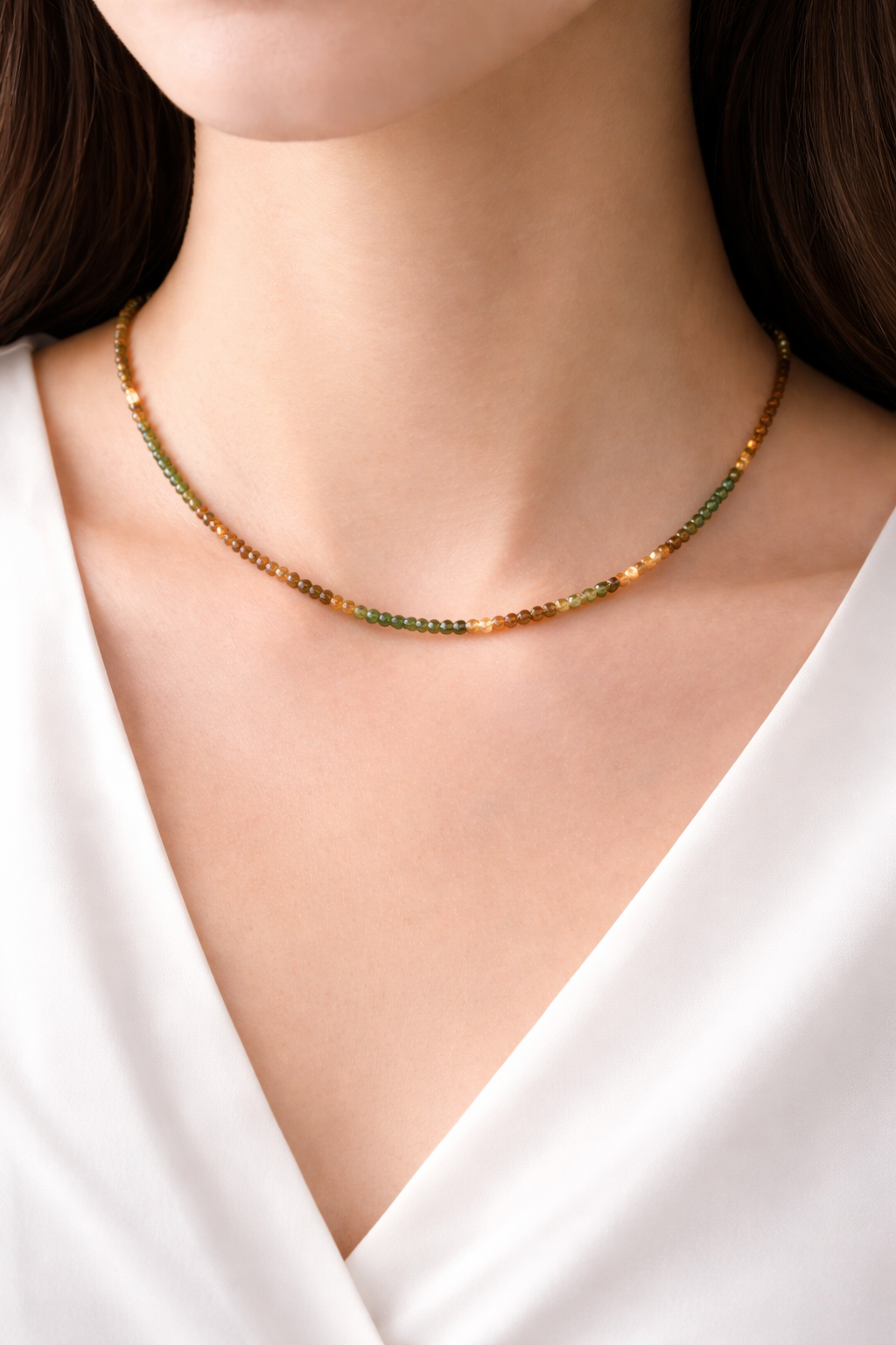 Yellow Green Tourmaline Beads Strand 2-2.5mm Stainless Steel Necklace