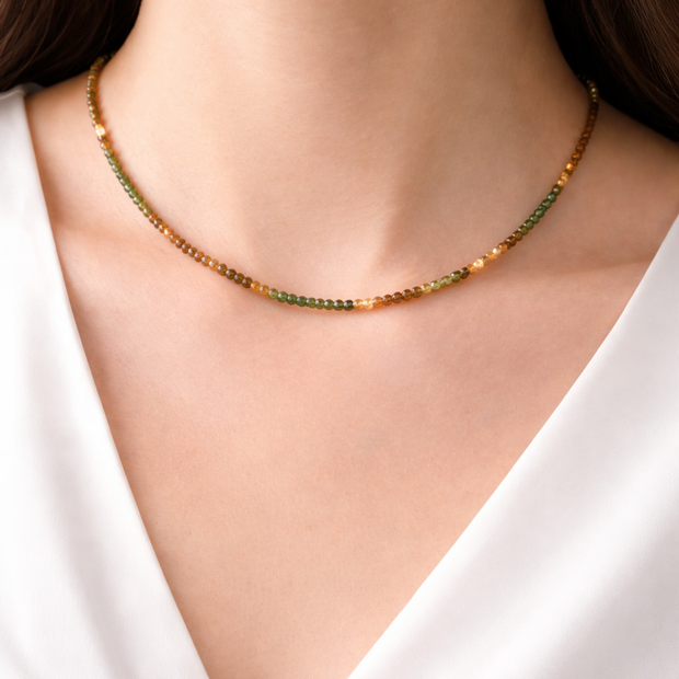 Yellow Green Tourmaline Beads Strand 2-2.5mm Stainless Steel Necklace