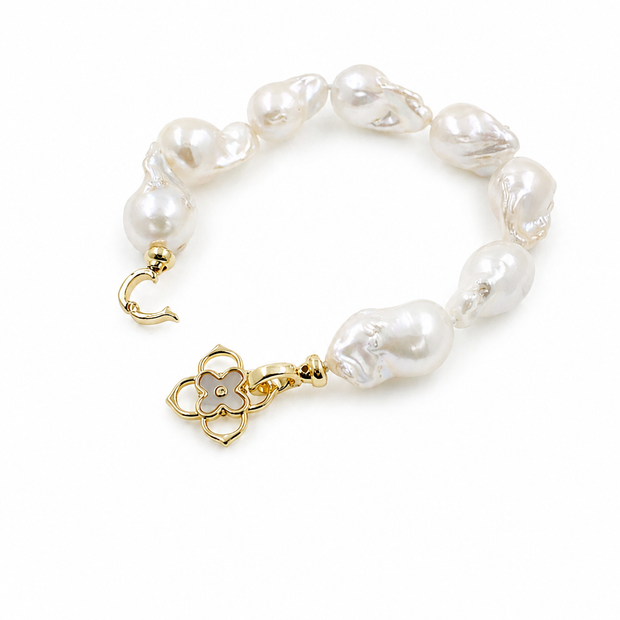 Fresh Water Pearl Baroque 12-12.5mm With Clover Hook Alloy Bracelet