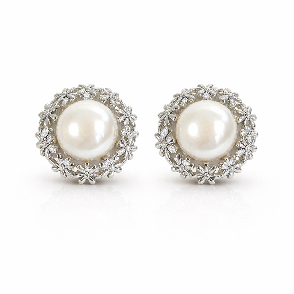 Fresh water pearl 7-7.5mm flower zinc alloy earring 12.5x12.7mm