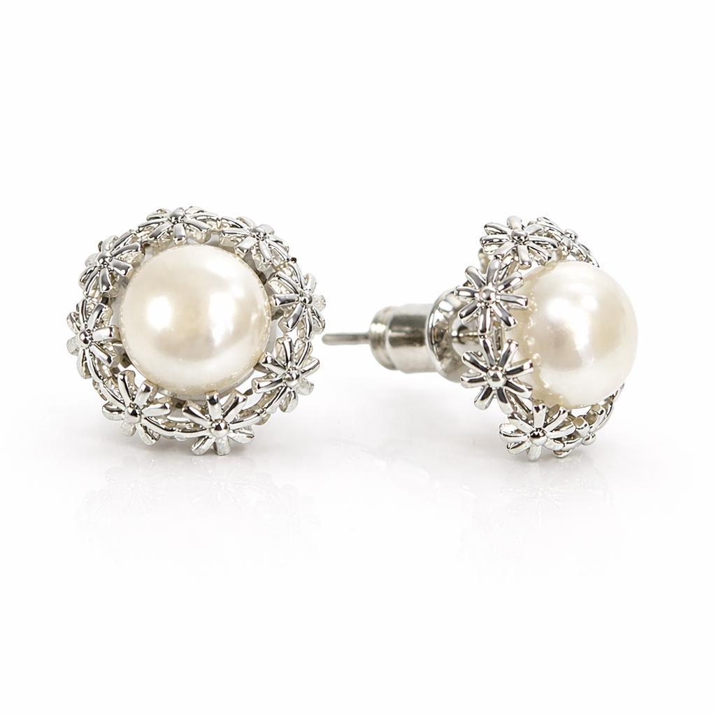Fresh water pearl 7-7.5mm flower zinc alloy earring 12.5x12.7mm