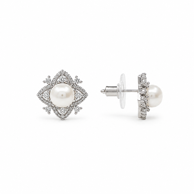 Fresh Water Pearl Round 7-7.5mm Zirconia Clover Zinc Alloy Earring