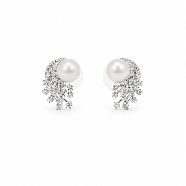 Fresh Water Pearl Round 8-8.5mm Zirconia Star Midnight Zinc Alloy Earring