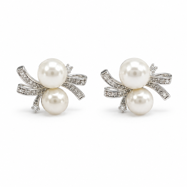 Fresh Water Pearl Round 7-7.5mm Zirconia Ribbon Zinc Alloy Earring