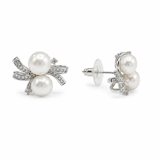Fresh Water Pearl Round 7-7.5mm Zirconia Ribbon Zinc Alloy Earring