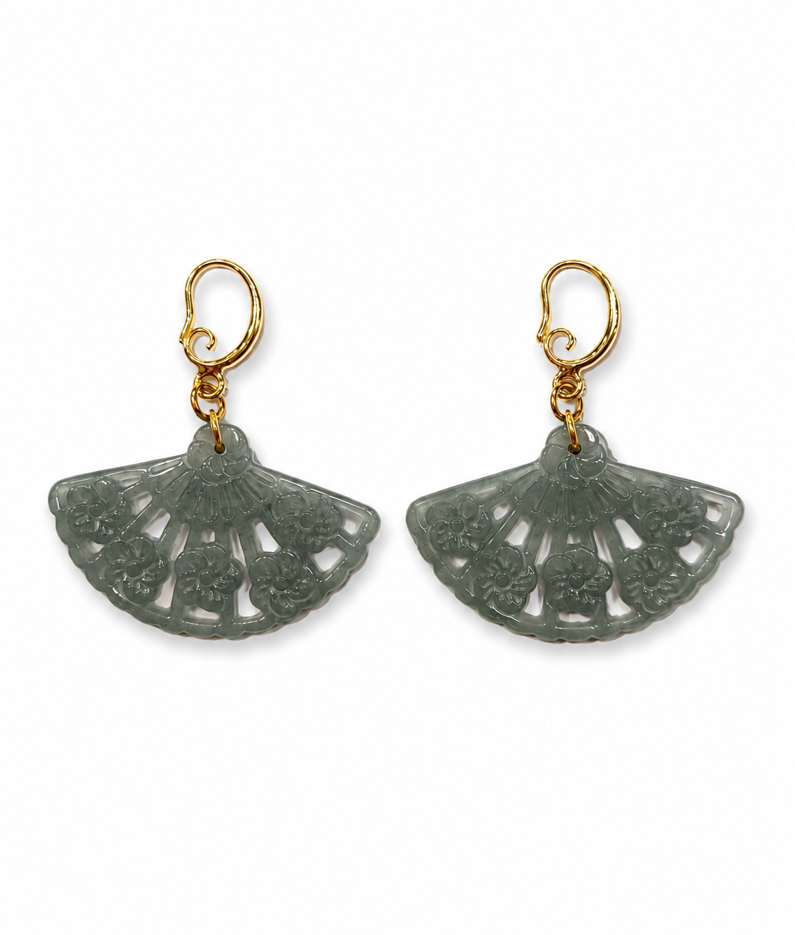 A Grade Jade Fan Carving Zinc Alloy Dangling Earring