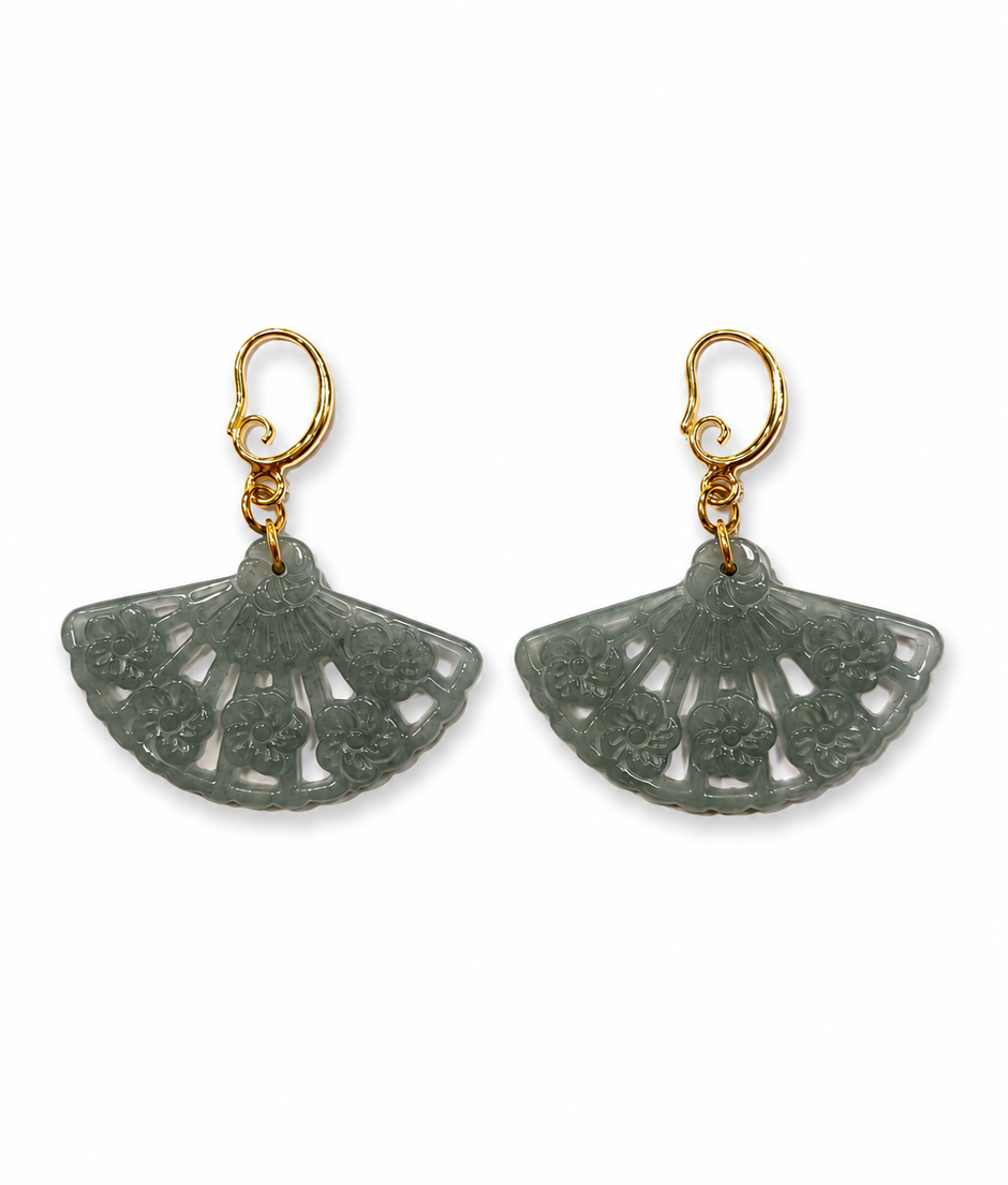 A Grade Jade Fan Carving Zinc Alloy Dangling Earring