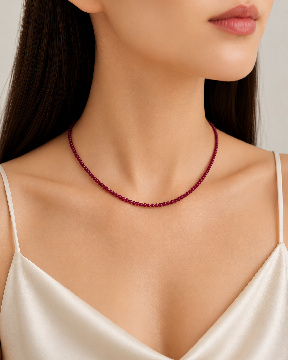 Ruby Beads Strand  3-3.5mm Stainless Steel Necklace