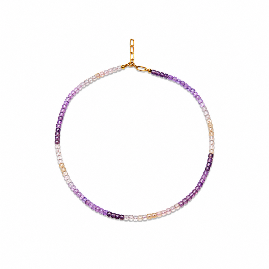 Amethyst, Rose Quartz & Light Citrine Beads Strand 3.5-4mm Stainless Steel Necklace
