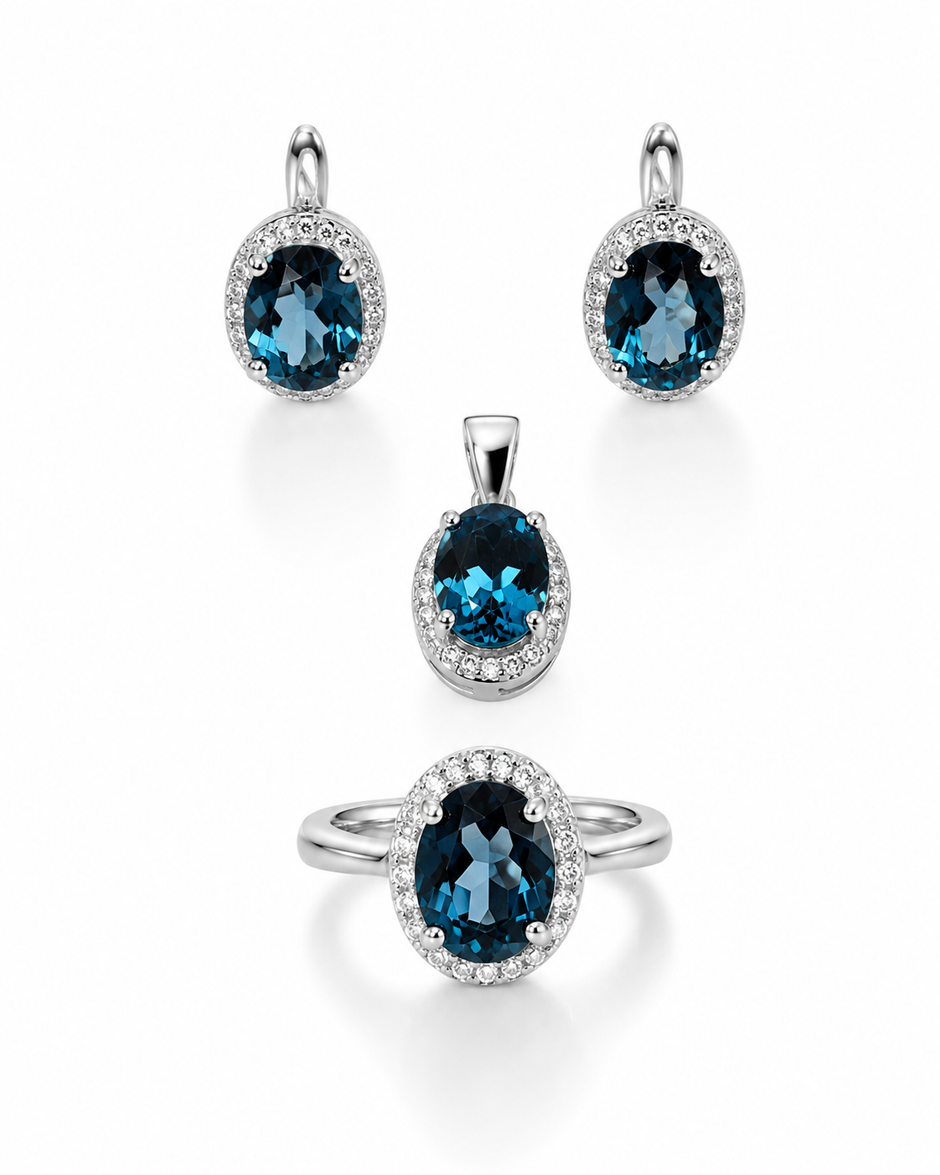 London Blue Topaz Oval Faceted With Cubic Zirconia 925 Silver Set