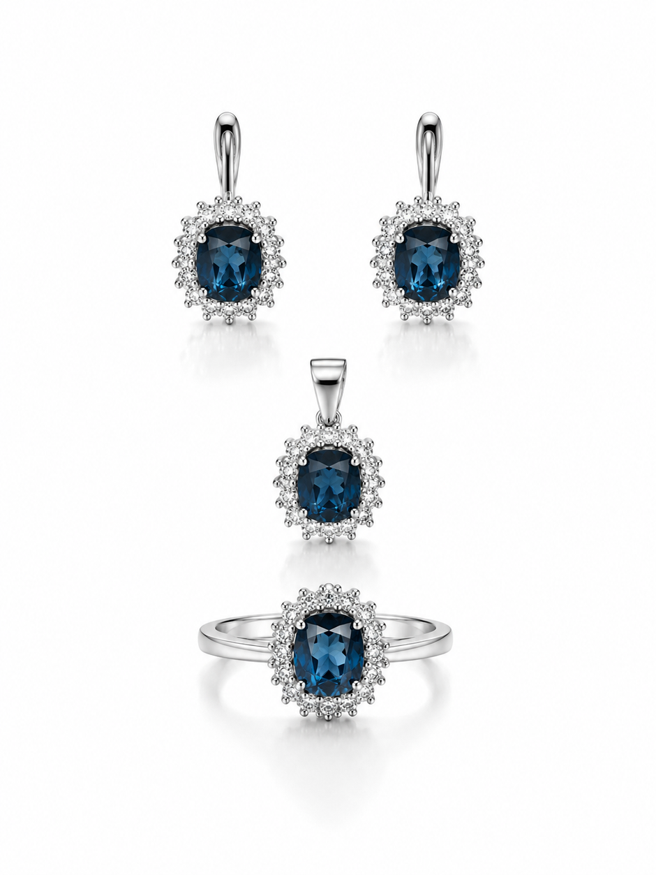 London Blue Topaz Oval Faceted With Cubic Zirconia Sunflower 925 Silver Set