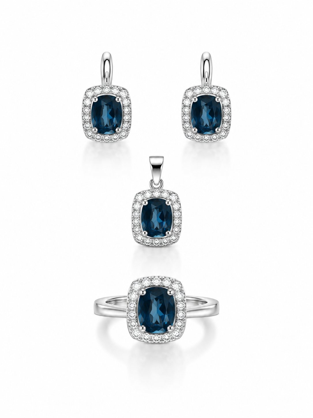 London Blue Topaz Oval Faceted With Cubic Zirconia Square Frame 925 Silver Set