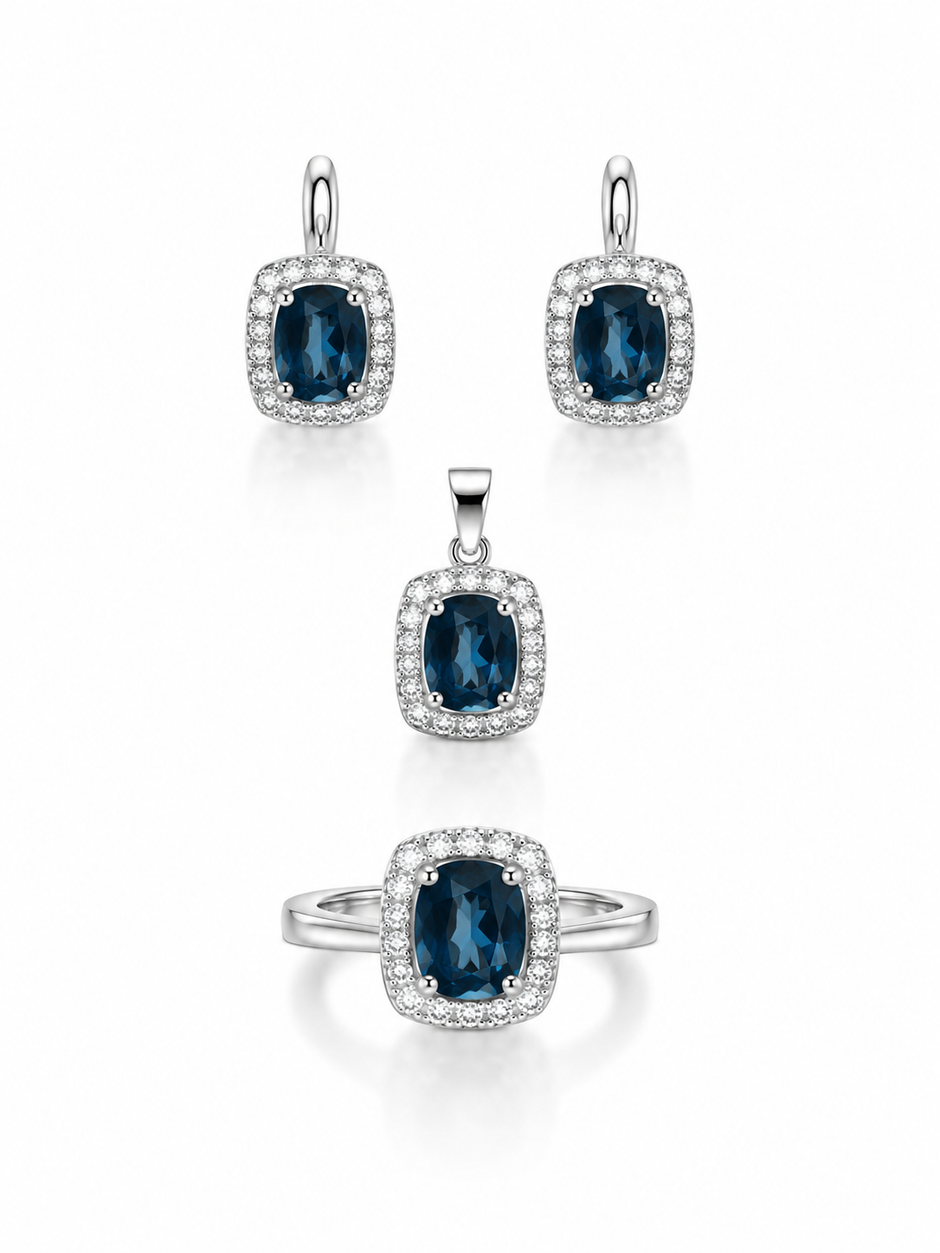 London Blue Topaz Oval Faceted With Cubic Zirconia Square Frame 925 Silver Set