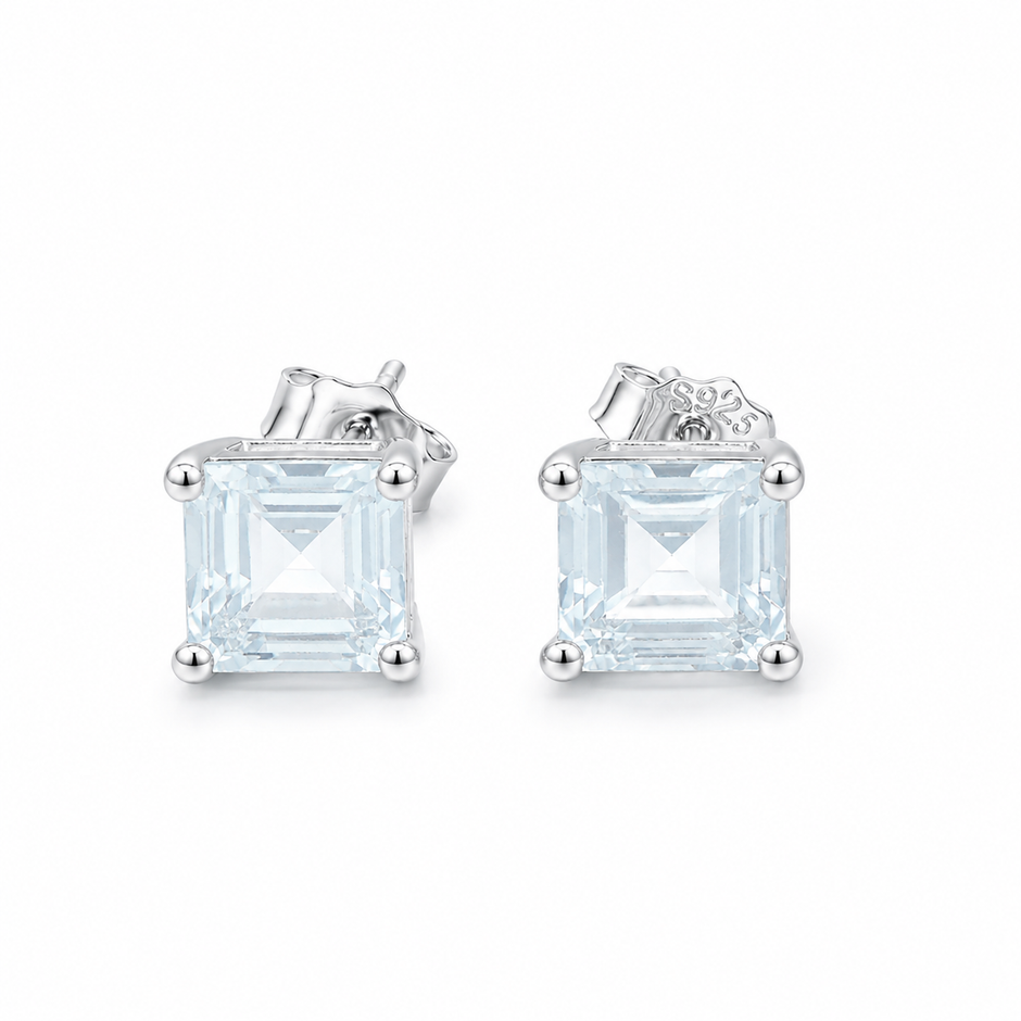 Aquamarine Square Faceted 925 silver earring