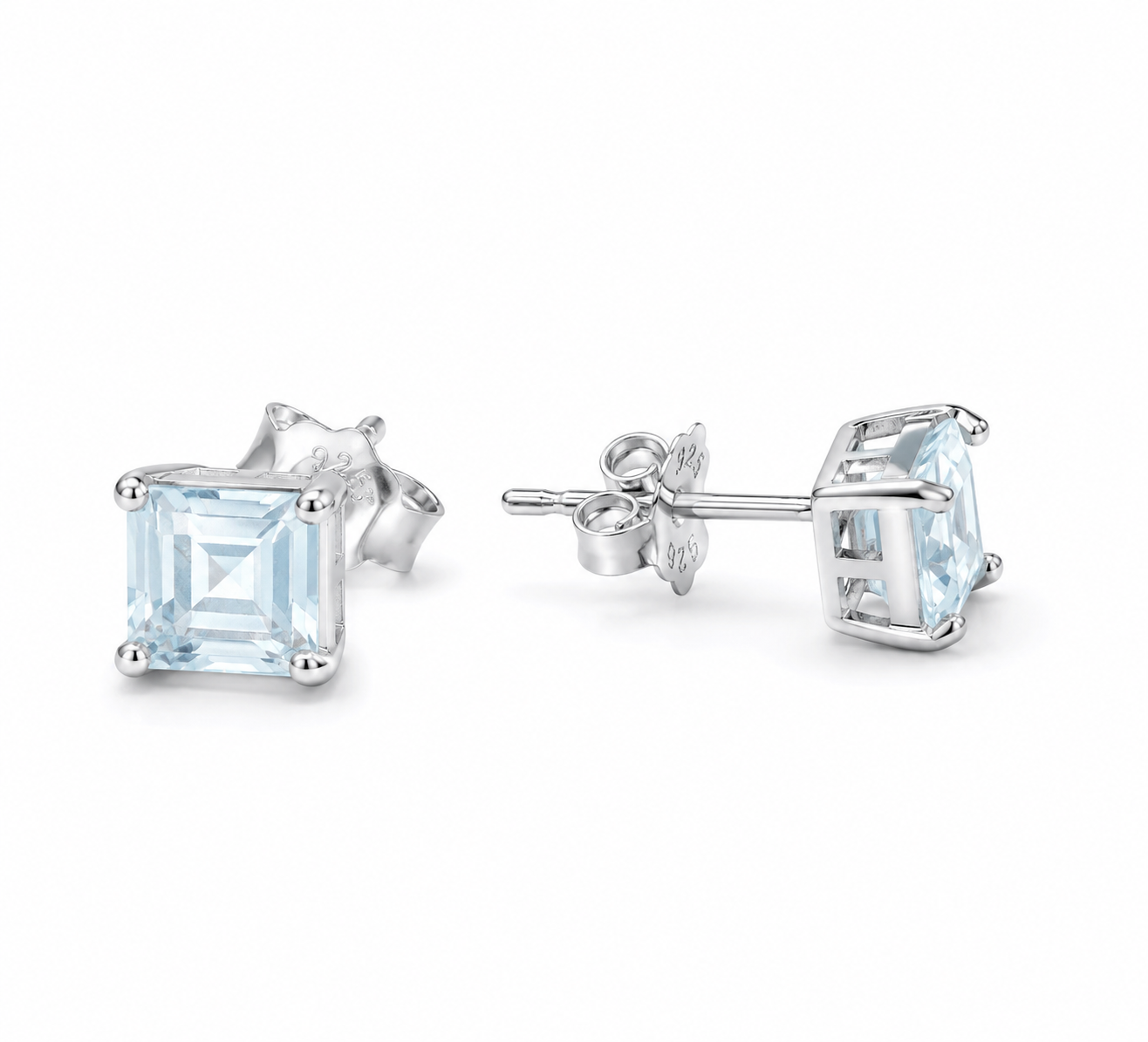 Aquamarine Square Faceted 925 silver earring