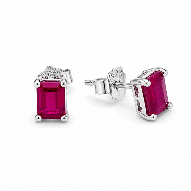 Ruby Square Faceted 925 silver earring