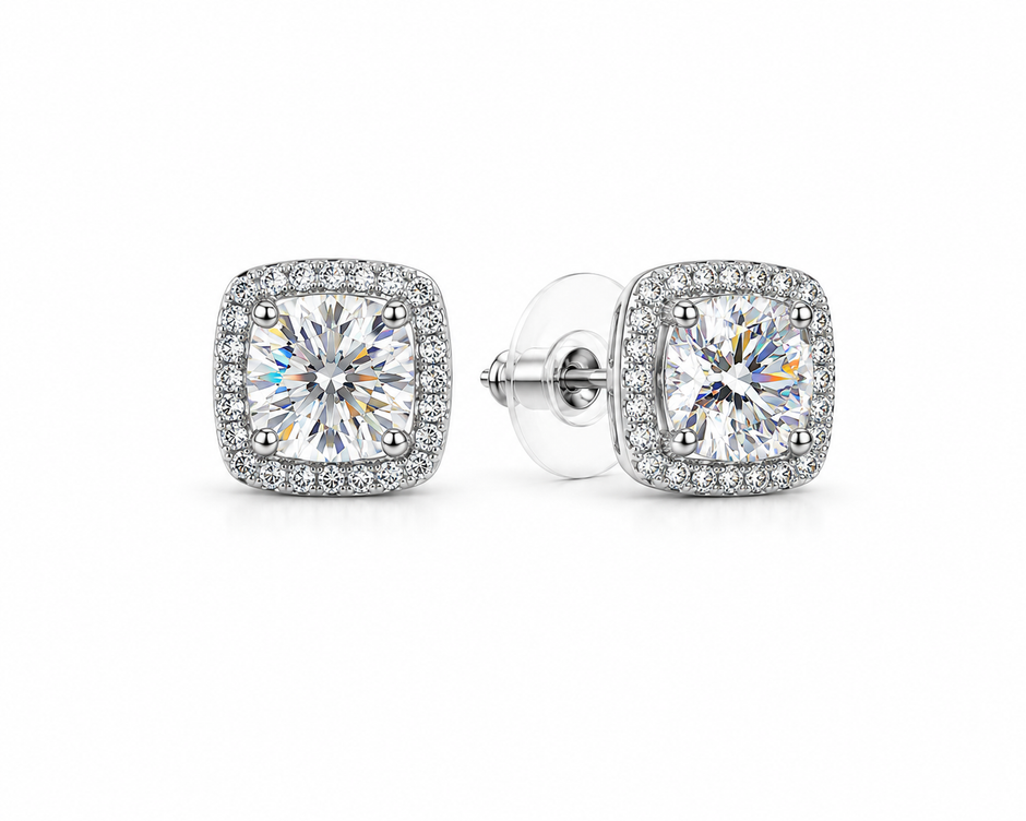Moissanite 1.0ct round With Cubic Zirconia Square Frame 925 silver earring