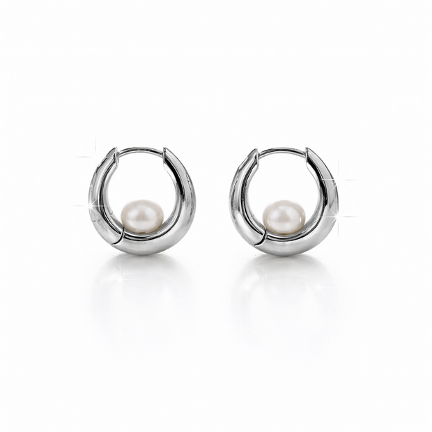 Fresh water pearl 5.5-6mm huggie hoop zinc alloy earring 14.5x15.5mm