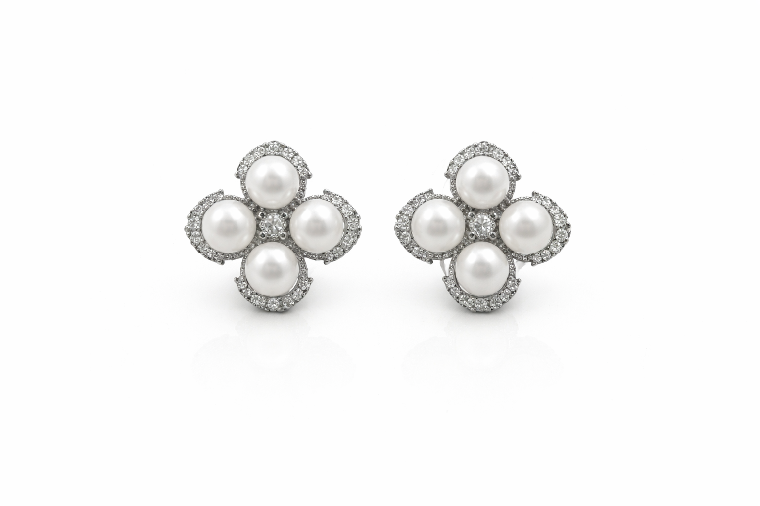 Fresh water pearl 6-6.5mm 4pcs zirconia zinc alloy earring 15.5x15.5mm