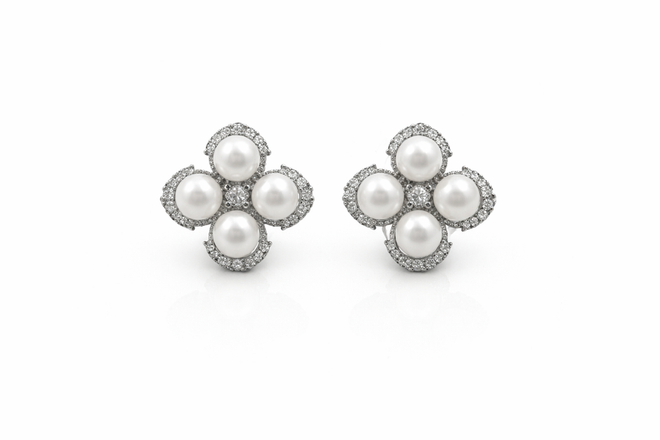 Fresh water pearl 6-6.5mm 4pcs zirconia zinc alloy earring 15.5x15.5mm