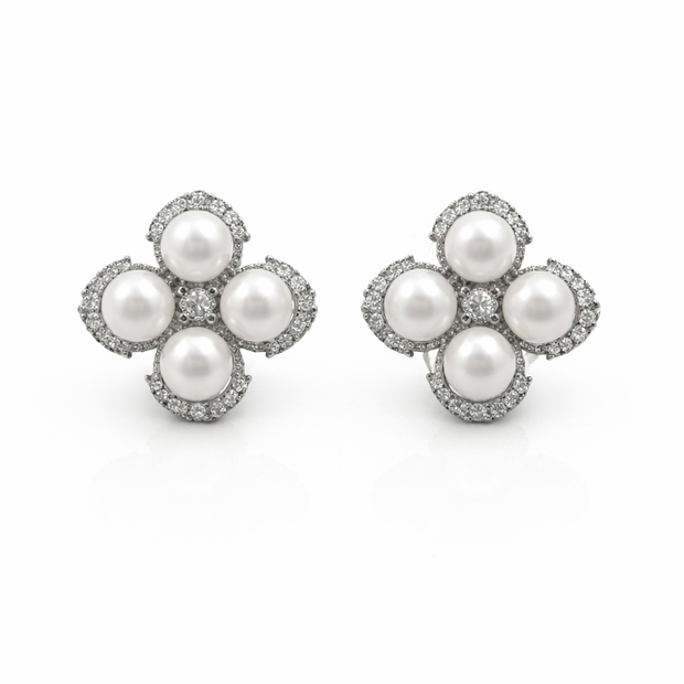 Fresh water pearl 6-6.5mm 4pcs zirconia zinc alloy earring 15.5x15.5mm