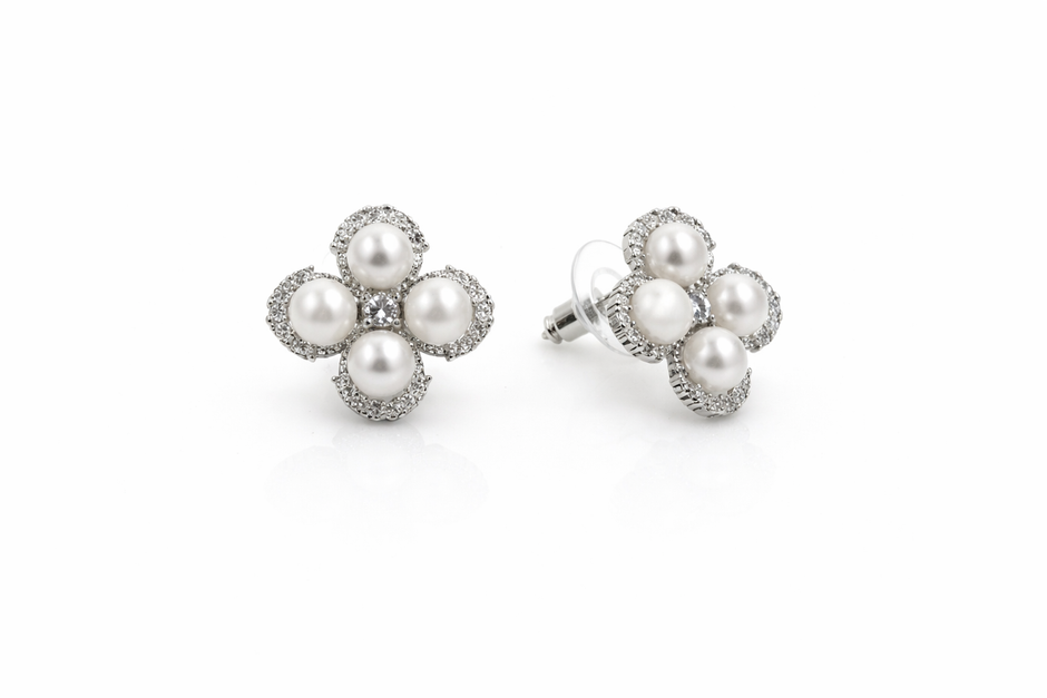 Fresh water pearl 6-6.5mm 4pcs zirconia zinc alloy earring 15.5x15.5mm