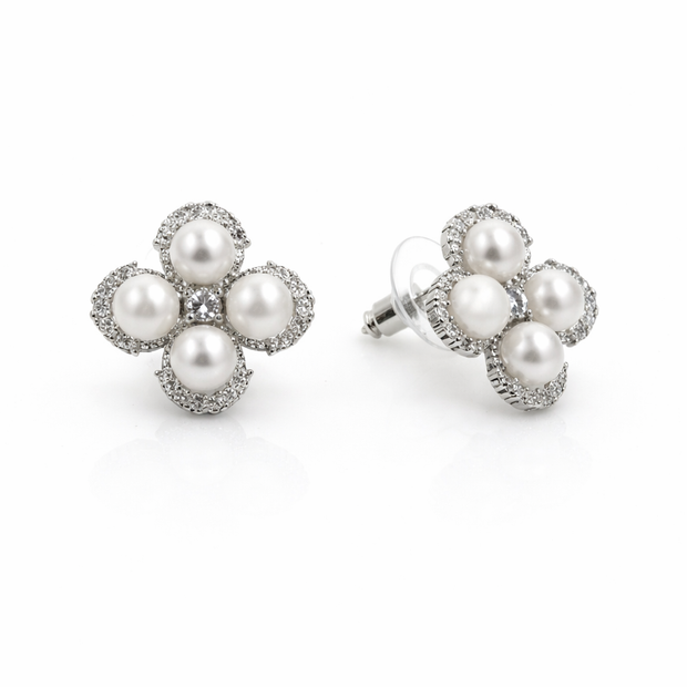 Fresh water pearl 6-6.5mm 4pcs zirconia zinc alloy earring 15.5x15.5mm