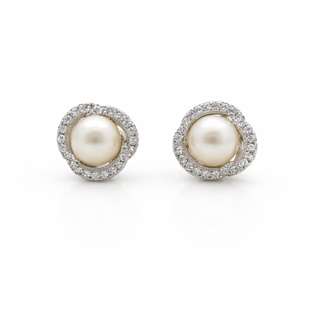 Fresh water pearl 8-8.5mm zirconia zinc alloy flower earring 14x14.5mm