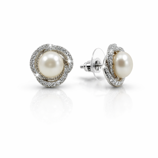 Fresh water pearl 8-8.5mm zirconia zinc alloy flower earring 14x14.5mm
