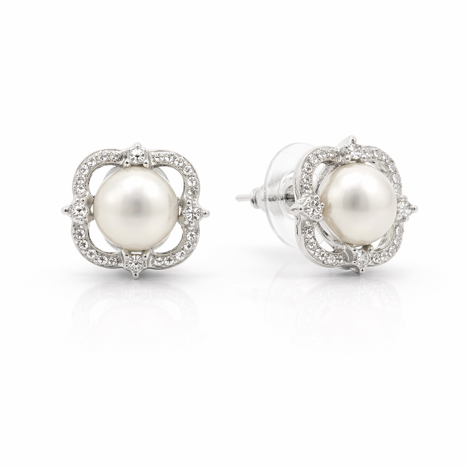 Fresh water pearl 7-7.5mm with zircon clover zinc alloy earring 14x14mm