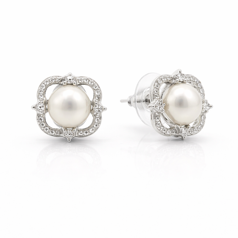 Fresh water pearl 7-7.5mm with zircon clover zinc alloy earring 14x14mm