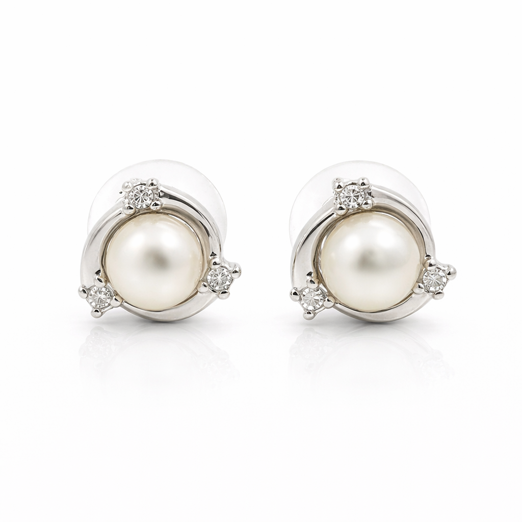 Fresh water pearl 6.5mm with zircon swirl zinc alloy earring  12x12mm