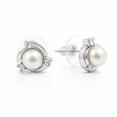 Fresh water pearl 6.5mm with zircon swirl zinc alloy earring  12x12mm