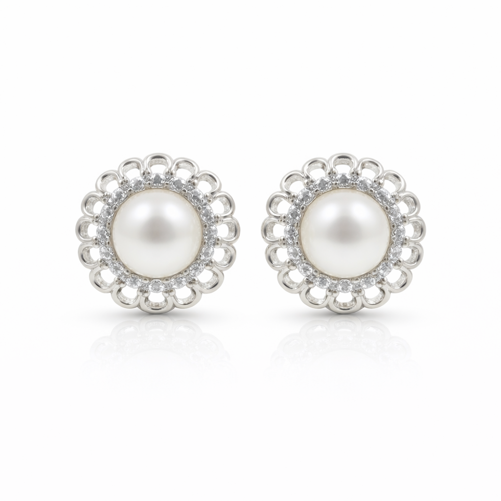 Fresh water pearl 6mm with zircon sunflower zinc alloy earring 12x12mm