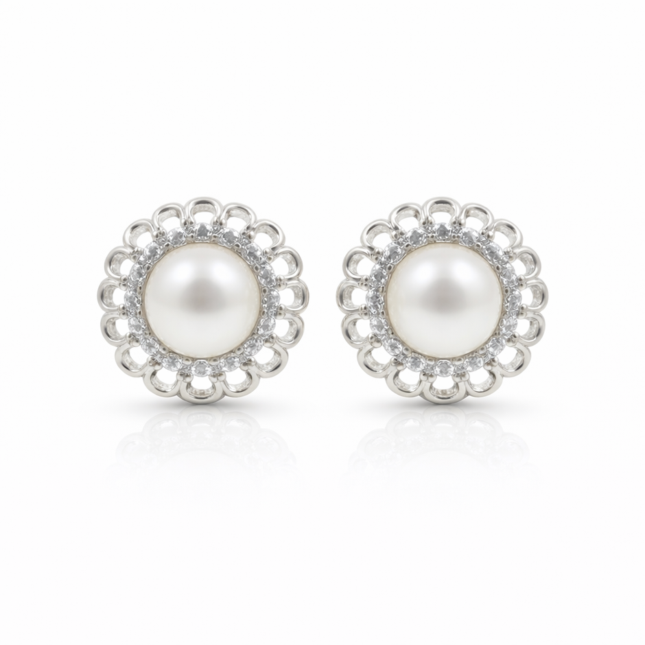 Fresh water pearl 6mm with zircon sunflower zinc alloy earring 12x12mm