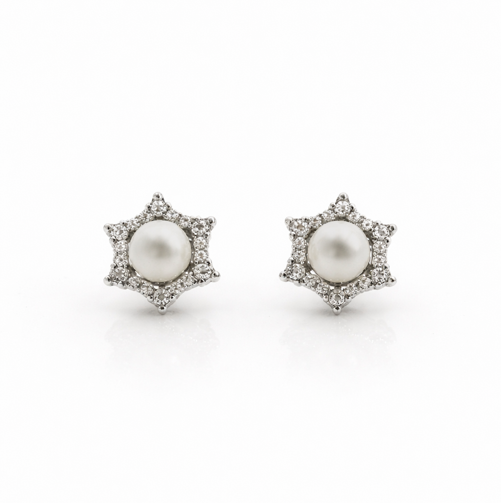 Fresh water pearl 6-6.5mm with zircon snowflake zinc alloy earring 10.5x10.5mm